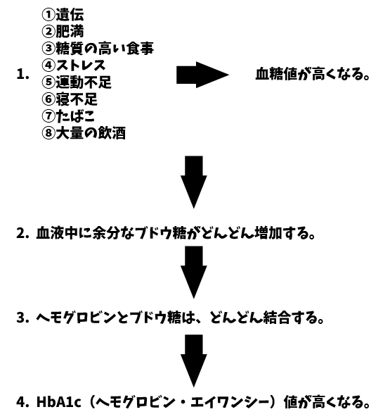 HbA1c（ヘモグロビン・エイワンシー）値が高くなる原因の流れ